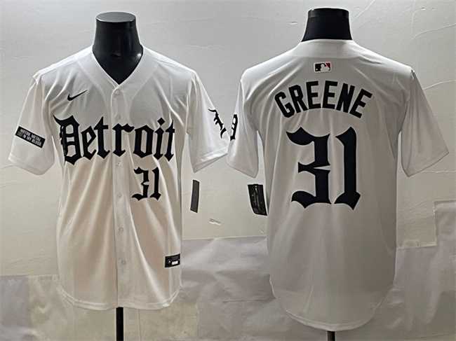 Mens Detroit Tigers #31 Riley Greene White Motor Gothic Edition Vapor Premier Limited Stitched Jersey